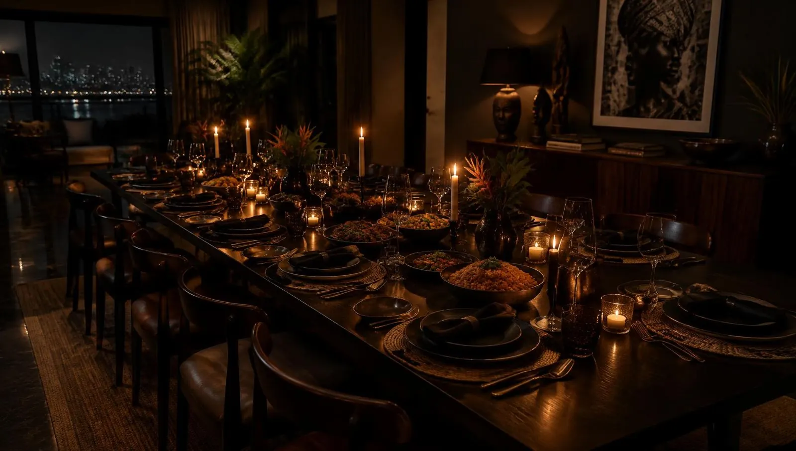 A candlelit dinner table set for many guests