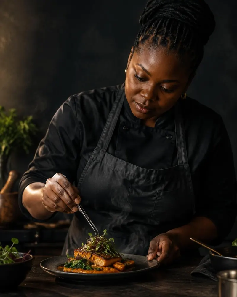 Chef Nkem Okafor plating a dish in a dark apron